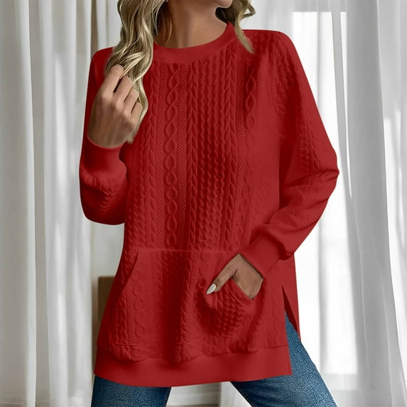AGWOLF Womens Cable Knit Sweatshirts Lightweight Side Split Long Sleeve Crew Neck Sweater with Pocket Fall Solid Basic Pullover