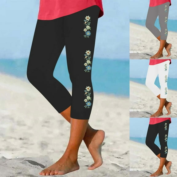 AGWOLF Womens Capri Leggings Clearance Sale Summer Casual Cropped Pants Tummy Control High Waisted Capris Boho Floral Printed Beach Leggings