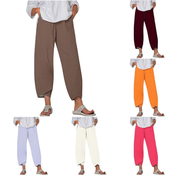 AGWOLF Womens Capri Pants Plus Size Wide Leg Barrel Pant Baggy Petal Hem Elastic Waisted Harem Capris Casual Summer Ankle Length Trousers with Pockets Brown XXXXXL