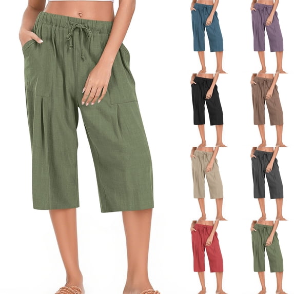 AGWOLF Womens Capri Pants with Pockets Casual Summer Wide Leg Lounge Capris Lightweight Knee Length Drawstring Shorts Summer Beach Vacation Crop Trousers Dark Gray S