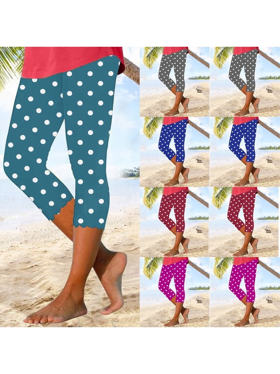Womens Capri for Summer Clearance, Tummy Control Capri Leggings High Waisted Knee Length Yoga Pants Trendy Swiss Dot Print Leggings Red XL
