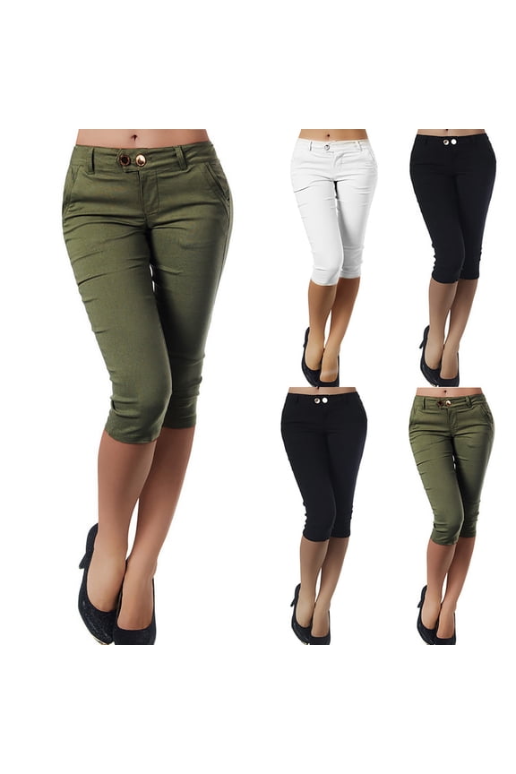 Womens Capris for Summer 2025 Stretch Work Business Slacks Stretch High Waisted Cropped Leggings with Pockets Button Zipper Calf-Length Trousers