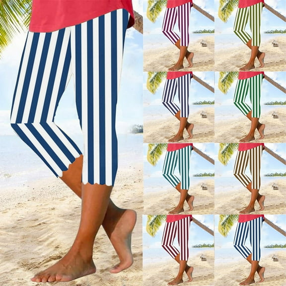 AGWOLF Womens Capris for Summer High Waisted Tummy Control Capri Leggings 2025 Dressy Striped Cropped Trousers Stretchy Workout Yoga Pants Navy XL