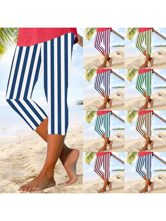 Womens Capris for Summer High Waisted Tummy Control Capri Leggings 2025 Dressy Striped Cropped Trousers Stretchy Workout Yoga Pants Red XL