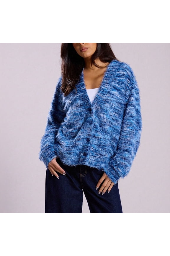 Womens Cardigan Sweaters Fuzzy Oversized Striped Outerwear Coat Casual V Neck Button Down Jacket