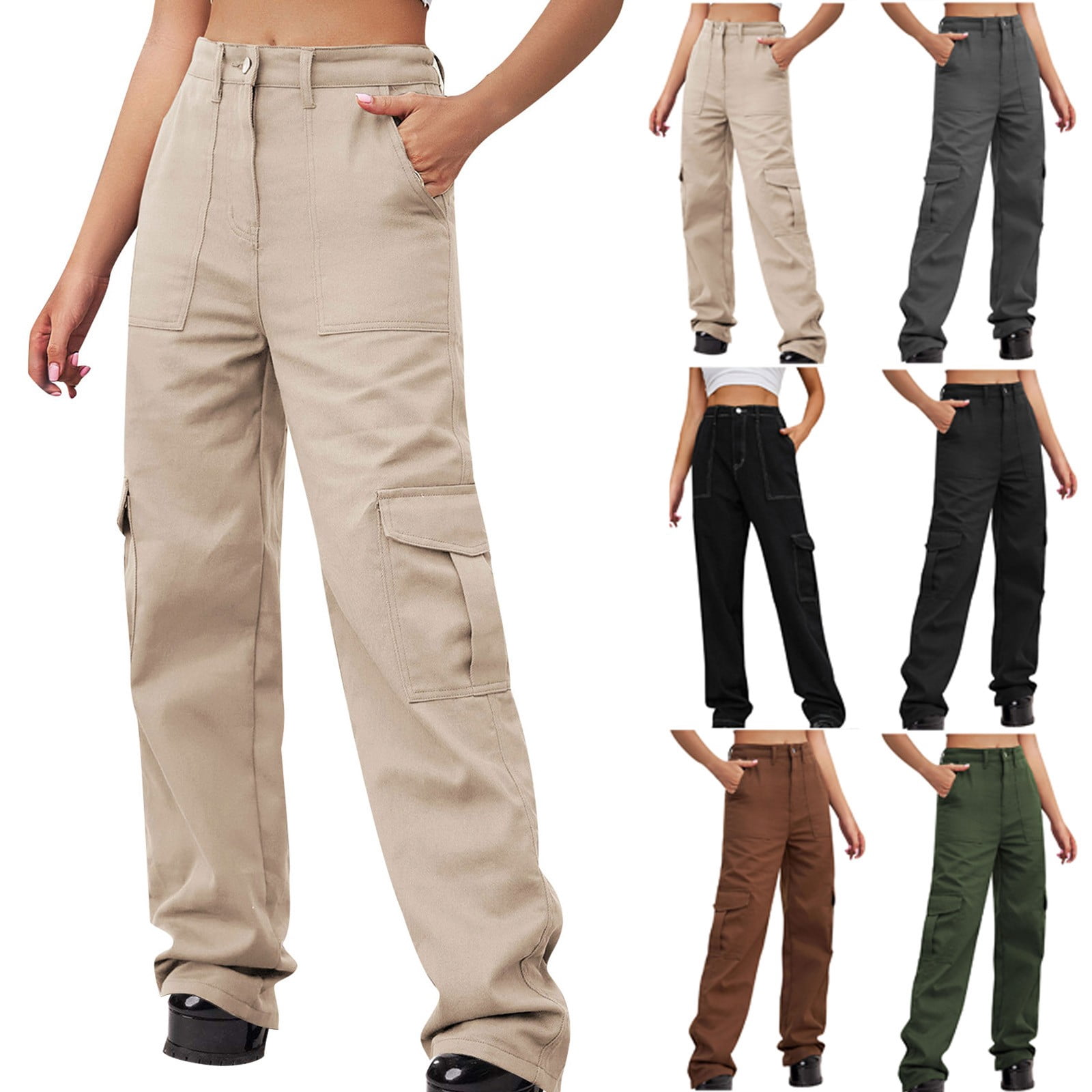 AGWOLF Womens Cargo Jeans with Pockets High Waist Long Denim Pants ...