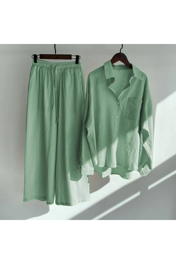 Womens Casual 2 Piece Outfits Cotton Linen Sets Button Down Lapel T-Shirt Wide Leg Palazzo Pants Lounge Set Dressy Matching Suits Tracksuit