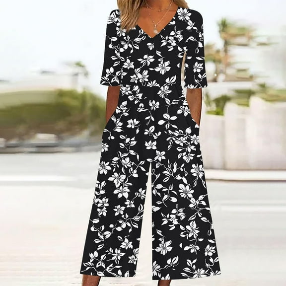 AGWOLF Womens Casual Jumpsuit Boho Floral Print Short Sleeve Rompers with Pockets Baggy Wide Leg Flowy Bib Jumpsuits