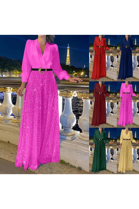 Womens Cocktail Jumpsuits Sparkly Sequin Deep V Neck Rompers with Belt Baggy Wide Leg Long Pants Pantsuits for Evening Concert Party Dark Blue L