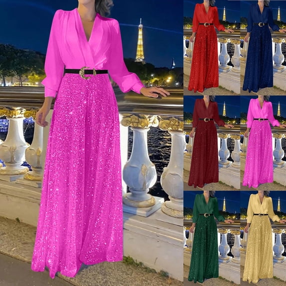 AGWOLF Womens Cocktail Jumpsuits Sparkly Sequin Deep V Neck Rompers with Belt Baggy Wide Leg Long Pants Pantsuits for Evening Concert Party Red M