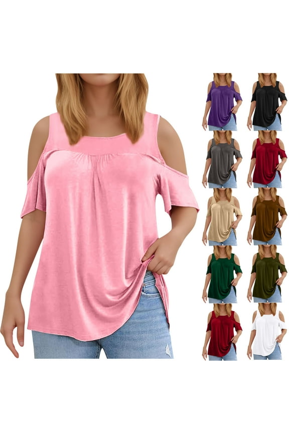 Womens Cold Shoulder T Shirts Plus Size Short Sleeve Tunic Tops Crewneck Summer Basic Tees Loose Fit Lightweight Blouses Purple XXXXL