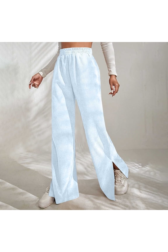 Womens Corduroy High Waist Pants Comfy Wide Leg Long Pant Baggy Side Split Lounge Trousers with Pockets