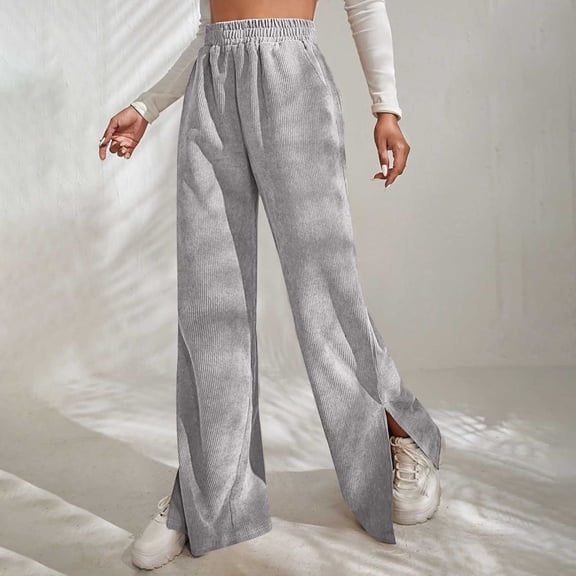 AGWOLF Womens Corduroy High Waist Pants Comfy Wide Leg Long Pant Baggy Side Split Lounge Trousers with Pockets