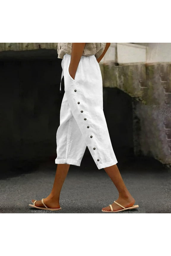 Womens Cotton Linen Capri Pants Lightweight Straight Leg Pedal Pushers Comfy Pull On Elastic High Waisted Capris Ladies Pinstripe Pant White XXL