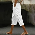 thumbnail image 1 of AGWOLF Womens Cotton Linen Capri Pants Lightweight Straight Leg Pedal Pushers Comfy Pull On Elastic High Waisted Capris Ladies Pinstripe Pant White M, 1 of 5