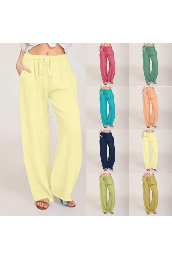Womens Cotton Linen Palazzo Pants Drawstring Elastic Waist Pants Casual Wide Leg Trousers with Pockets Blue M