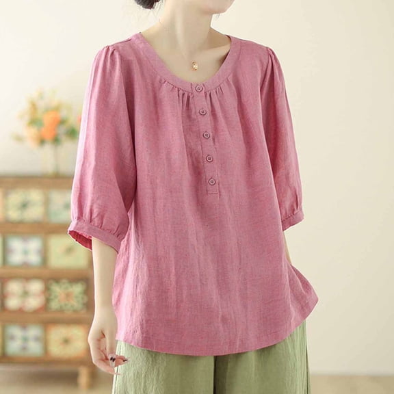AGWOLF Womens Cotton Linen Shirts Solid 3/4 Ruffle Sleeve Tunic Tops Casual Button Down Crew Neck Tshirts Dressy Casual Blouses for Women Retro Embroidered Tunic Shirts