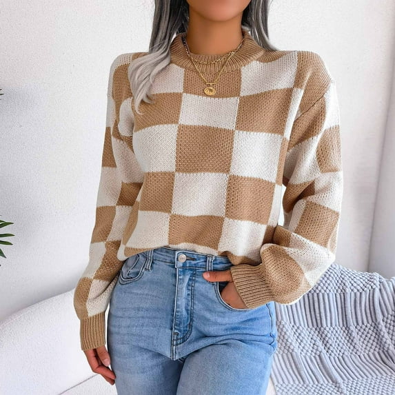 AGWOLF Womens Cozy Sweaters Casual Plaid Mock Neck Jumper Trendy Long Sleeve Color Block Pullover Fall Winter Top
