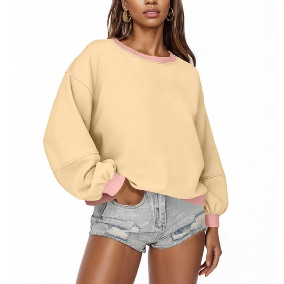 AGWOLF Womens Crewneck Sweatshirts Oversized Lantern Long Sleeve Pullover Cute Color Block Y2k Cropped Tops