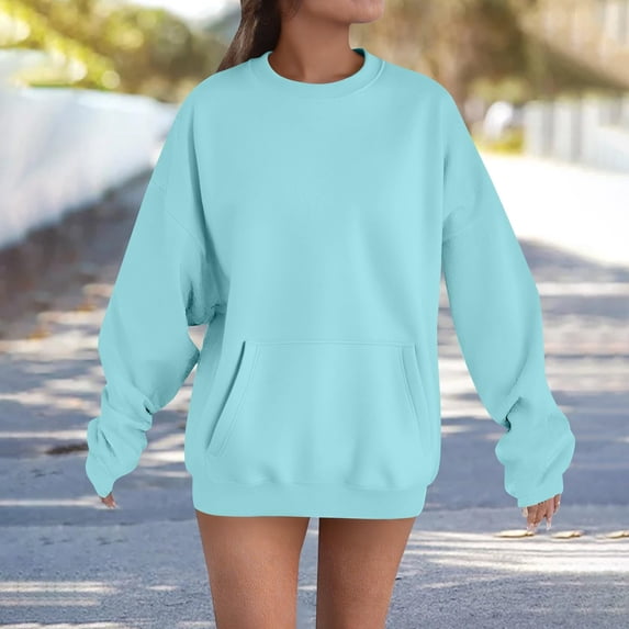 AGWOLF Womens Crewneck Sweatshirts Trendy Oversized Long Sleeve Pullover Casual Solid Basic Tops with Pocket