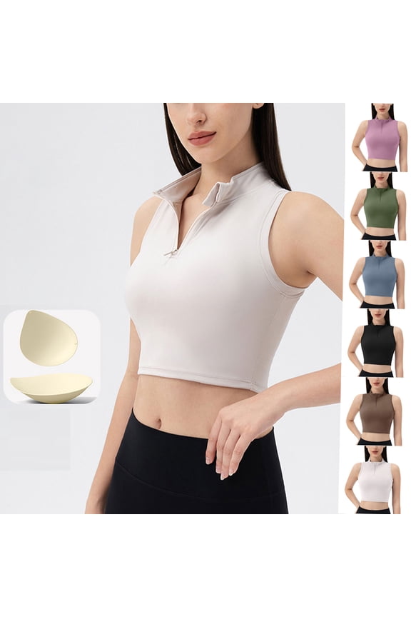 Womens Crop Golf Tank Tops Sleeveless Collared Tennis Shirts Athletic Workout Cropped Tank Top with Removeable Padded Beige M