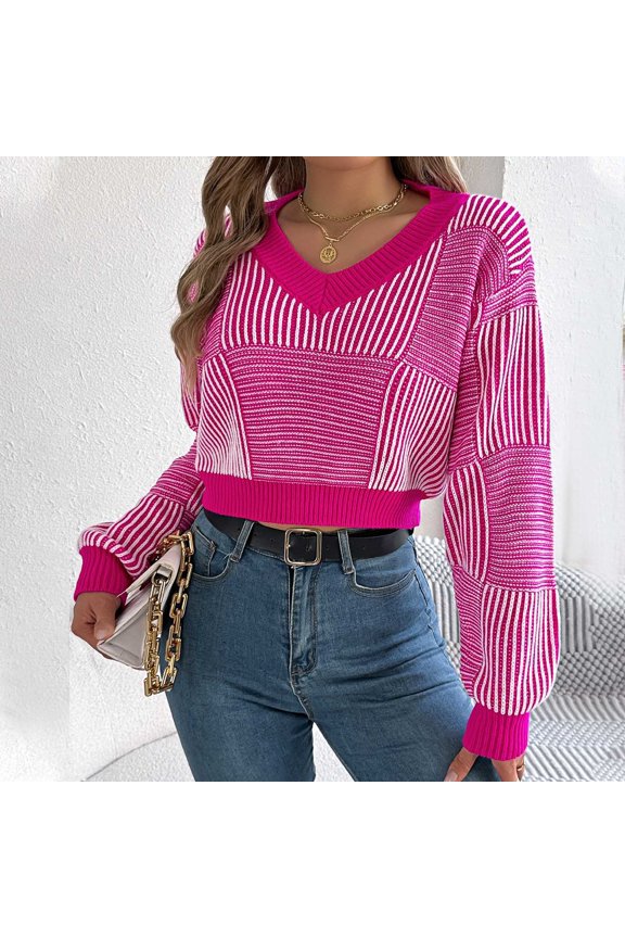 Womens Cropped Sweater Cozy V Neck Striped Jumper Cute Lightweight Long Sleeve Tops Fall Winter Pullover