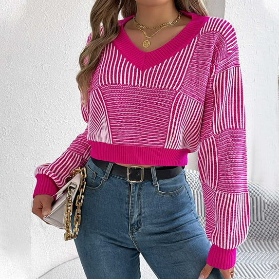AGWOLF Womens Cropped Sweater Cozy V Neck Striped Jumper Cute Lightweight Long Sleeve Tops Fall Winter Pullover