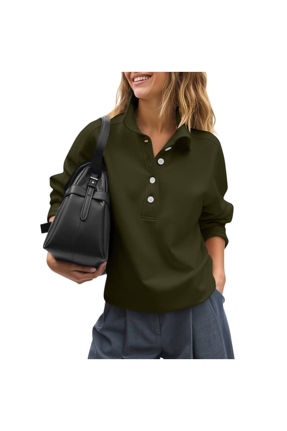 Womens Cute Sweatshirt Business Button Lapel Neck Long Sleeve Pullover Lightweight Solid Sweatshirts Loose Fit Fall Tops