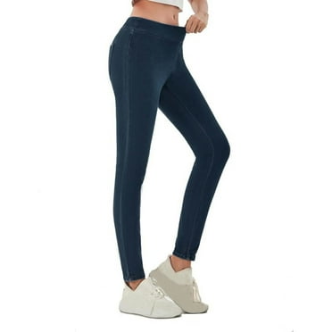 AGWOLF Womens Denim Leggings Slim Stretchy Jean Jeggings High Waist Tummy Control Denim Leggings with Pockets Skinny Pull On Pants