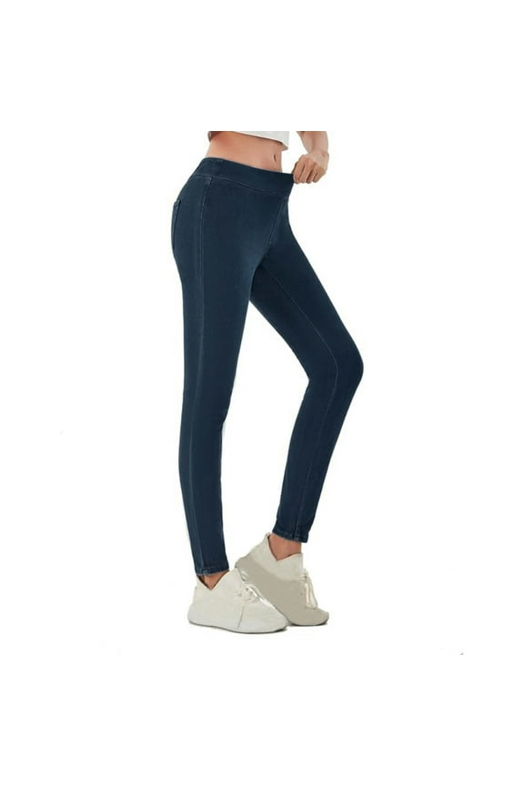 Womens Denim Leggings Slim Stretchy Jean Jeggings High Waist Tummy Control Denim Leggings with Pockets Skinny Pull On Pants