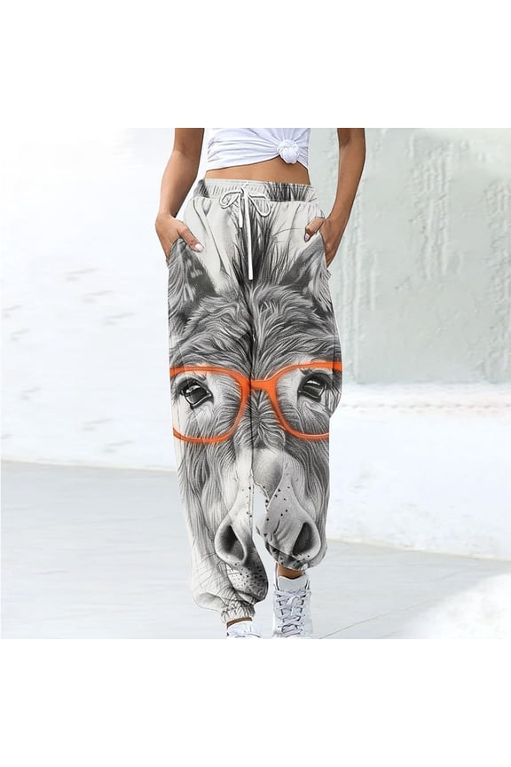 Womens Donkey Print Sweatpants Baggy High Waist Barrel Pants Casual Y2K Streetwear Trousers with Pockets