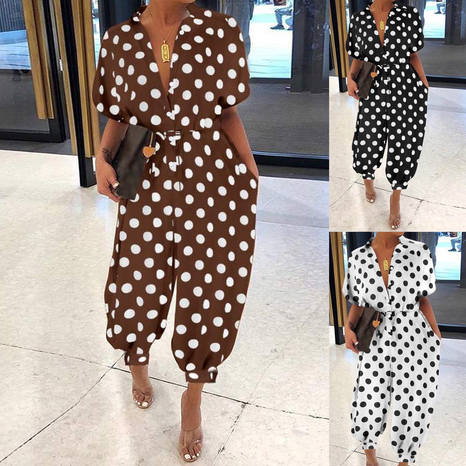 AGWOLF Womens Dot Print Jumpsuits Business Casual Short Sleeve Button Down Rompers One Piece with Belt Wide Leg Ankle Length Summer Overalls with Pockets Coffee M