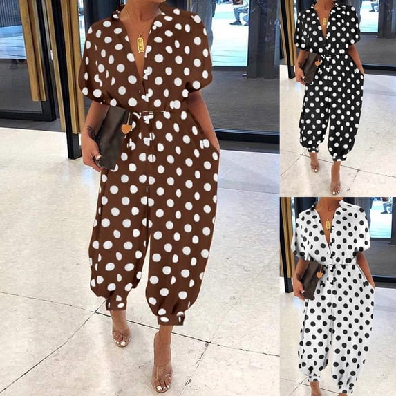 AGWOLF Womens Dot Print Jumpsuits Business Casual Short Sleeve Button Down Rompers One Piece with Belt Wide Leg Ankle Length Summer Overalls with Pockets Coffee XXL