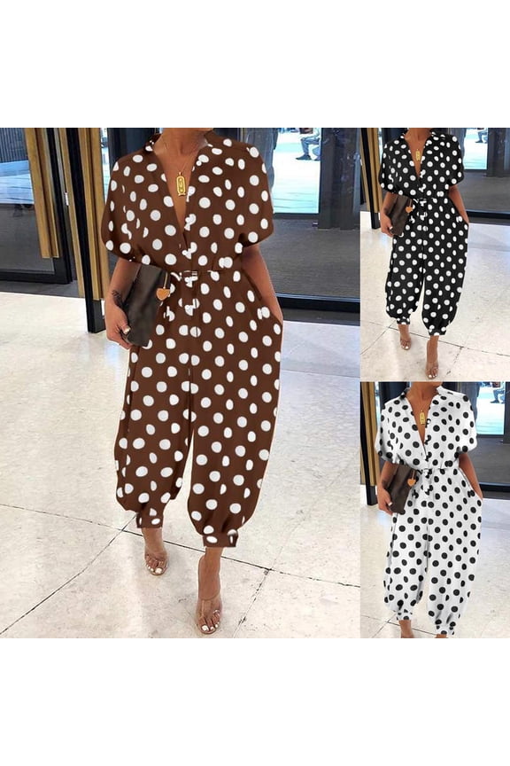 Womens Dot Print Jumpsuits Business Casual Short Sleeve Button Down Rompers One Piece with Belt Wide Leg Ankle Length Summer Overalls with Pockets White XXXXL