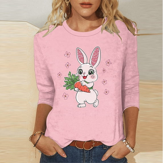 AGWOLF Womens Easter Bunny Print Shirts Loose Crew Neck 3/4 Length Sleeve Tunic Tops Rabbit Graphic Tees Holiday Funny Top Pink XL