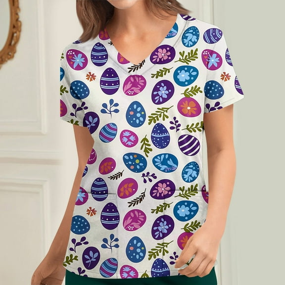 AGWOLF Womens Easter Scrub Tops 2025 Trendy Egg Print Holiday Shirts Working Nursing Uniforms Slimming Short Sleeve V Neck T-Shirts with Pockets