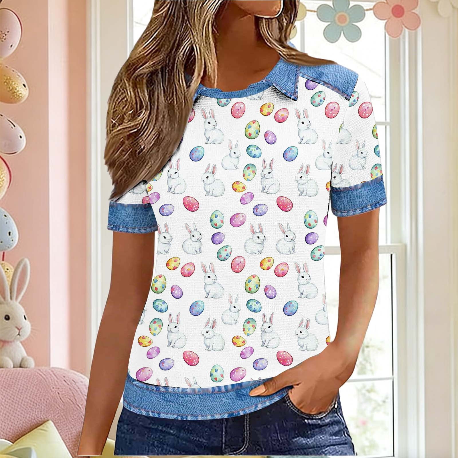 AGWOLF Womens Easter Shirts Short Sleeve Waffle Knit Tshirt Lapel Cute ...