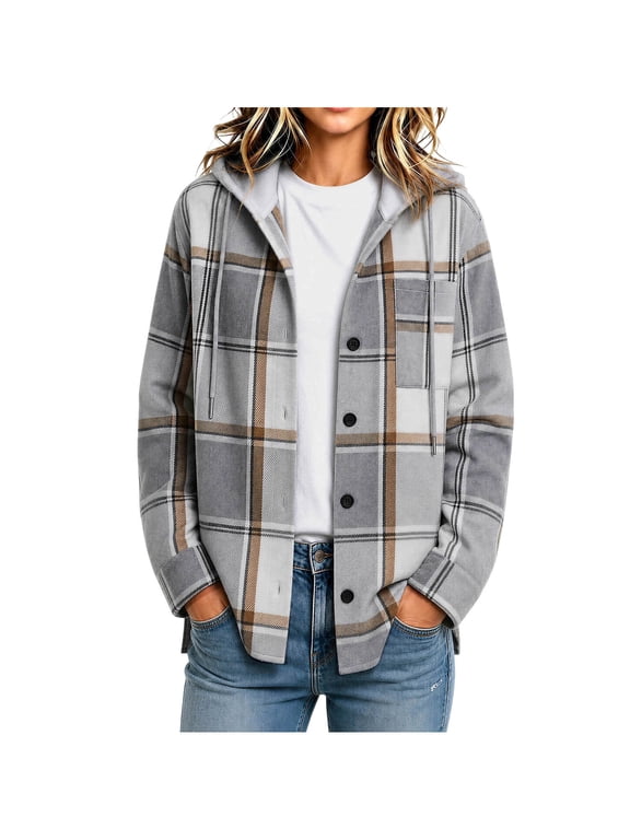 Womens Fall Jacket Plaid Hooded Shacket Lightweight Long Sleeve Flannel Jackets Button Down Shirts Daily Fall Winter Wear Gray L