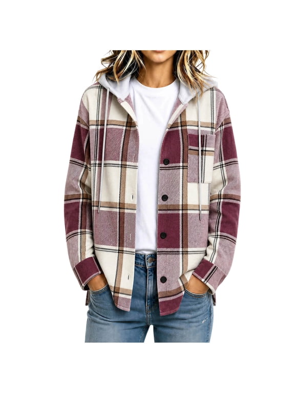 Womens Fall Jacket Plaid Hooded Shacket Lightweight Long Sleeve Flannel Jackets Button Down Shirts Daily Fall Winter Wear Wine XXL