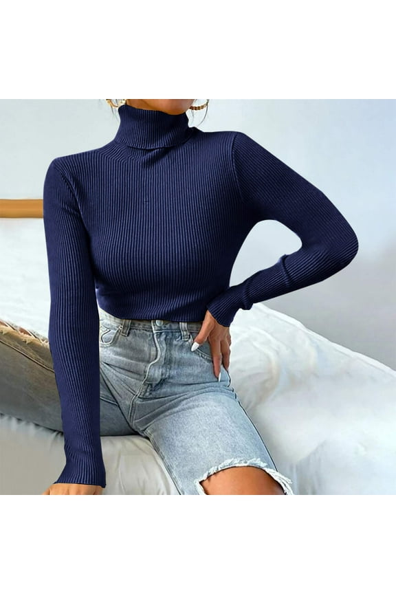 Womens Fall Sweaters Silm Ribbed Knit Turtleneck Pullover Tops Solid Lightweight Long Sleeve Sweater