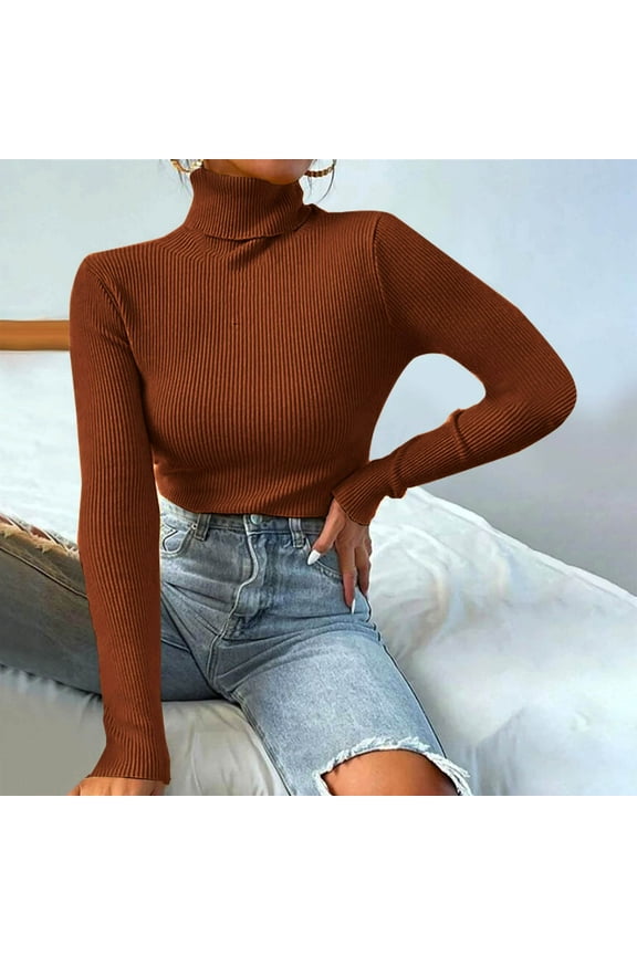 Womens Fall Sweaters Silm Ribbed Knit Turtleneck Pullover Tops Solid Lightweight Long Sleeve Sweater