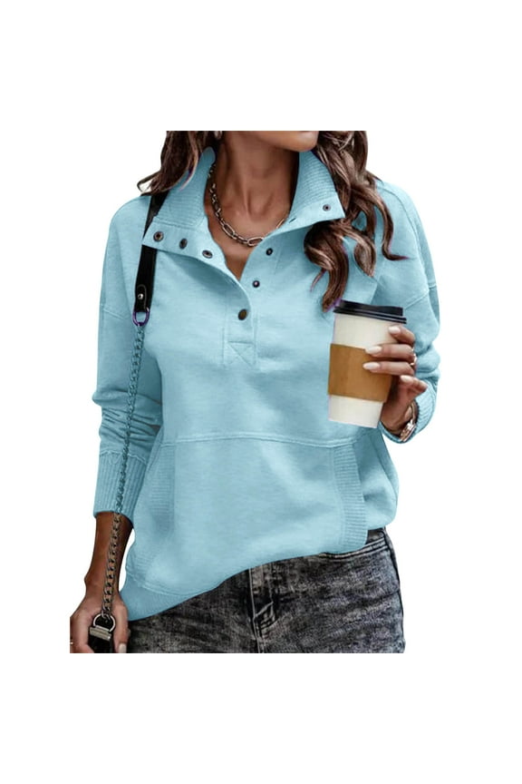 Womens Fall Sweatshirt Casual Lightweight Button Collar Pullover Solid Basic Long Sleeve Tops with Pocket