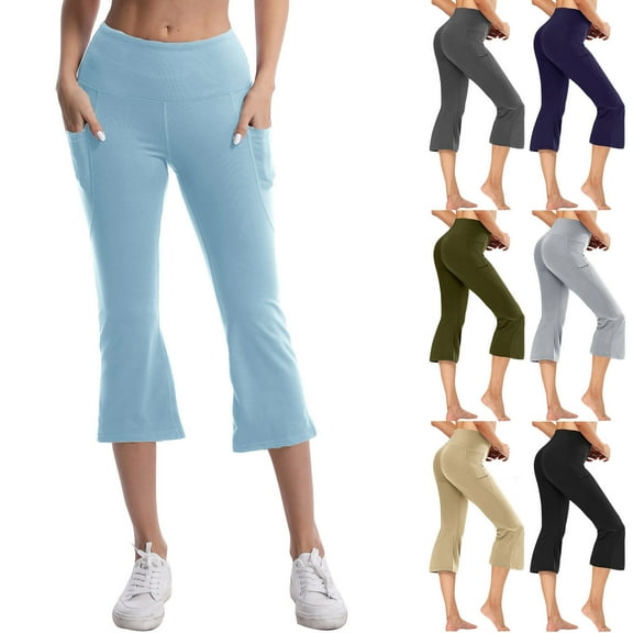 AGWOLF Womens Flare Capri Leggings with Pockets Tummy Control High Waisted Yoga Pants Stretch Bootcut Workout Cropped Leggings Summer Gym Cropped Pant