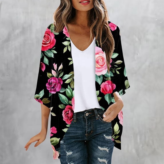 AGWOLF Womens Floral Kimono Cardigans Dressy Casual Summer Cardigans Lightweight 3/4 Sleeve Chiffon Beach Swimsuit Cover Ups Open Front Blouse Tops Multicolor,L