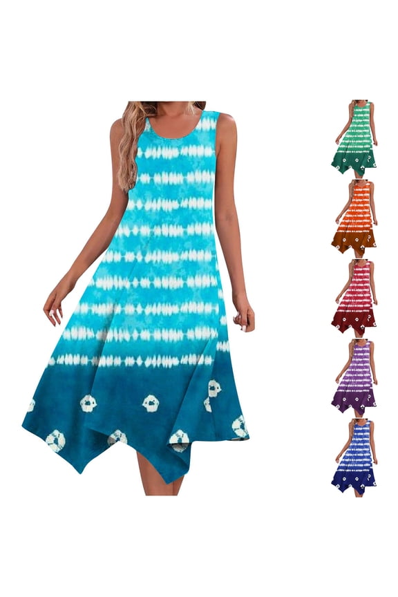 Womens Flowy Summer Dresses Floral Boho Sun Dress Sleeveless Casual Tank Dresses Trendy Beach Vacation Sundress Blue L