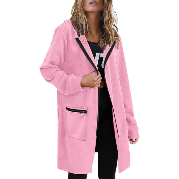 AGWOLF Womens Full Zip Up Hoodies Fashion Solid Basic Long Jacket Coat Drawstring Long Sleeve Hooded Sweatshirts with Pockets
