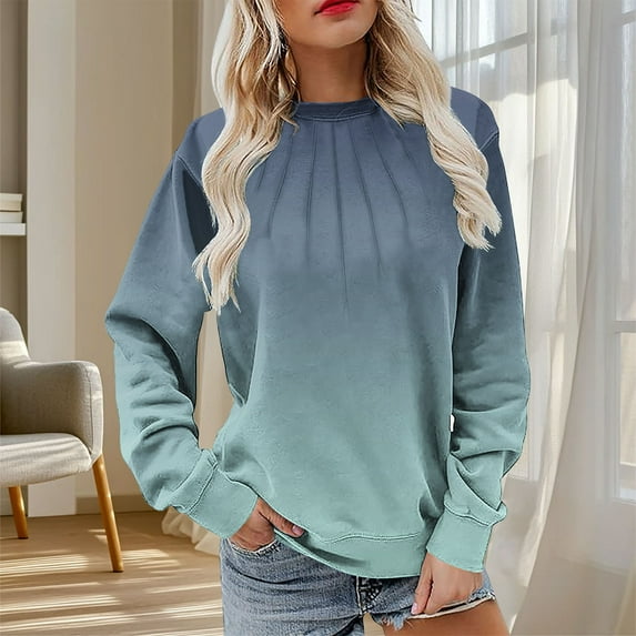 AGWOLF Womens Gradient Color Sweatshirts Trendy Pleated Front Long Sleeve Tops Casual Crewneck Pullover