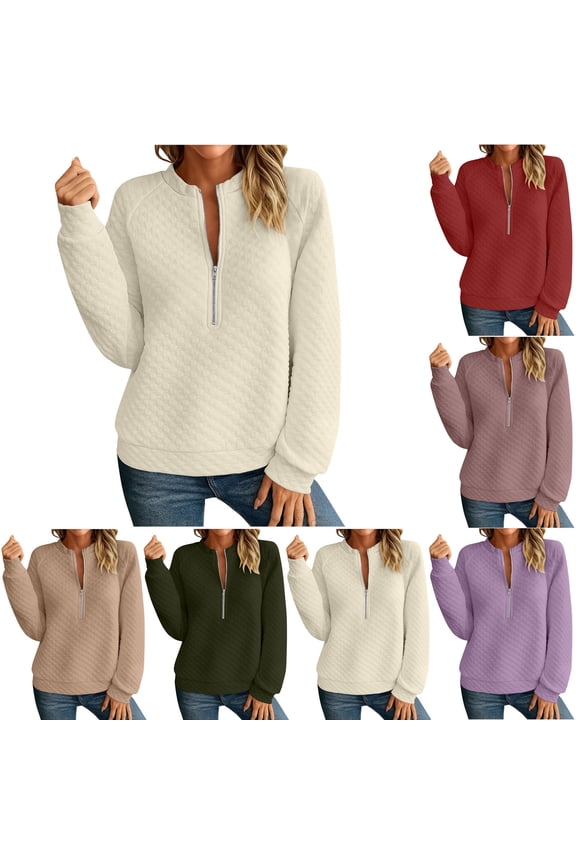 Womens Half Zip Up Quilted Sweatshirts Lightweight Long Sleeve Shirts Loose Fit Crew Neck Pullover Spring Fall Fashion Textured Tops Khaki S