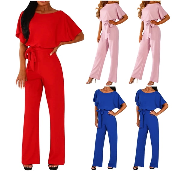 AGWOLF Womens Jumpsuits One Piece Boat Neck Ruffle Short Sleeve Romper Business Casual Wide Leg Pants Jumpsuit with Belt Blue L
