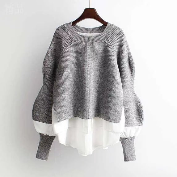 AGWOLF Womens Lantern Long Sleeve Sweater Preppy Mock Neck Splicing Knit Tops Trendy Oversized Jumper Fall Fashion Outfits